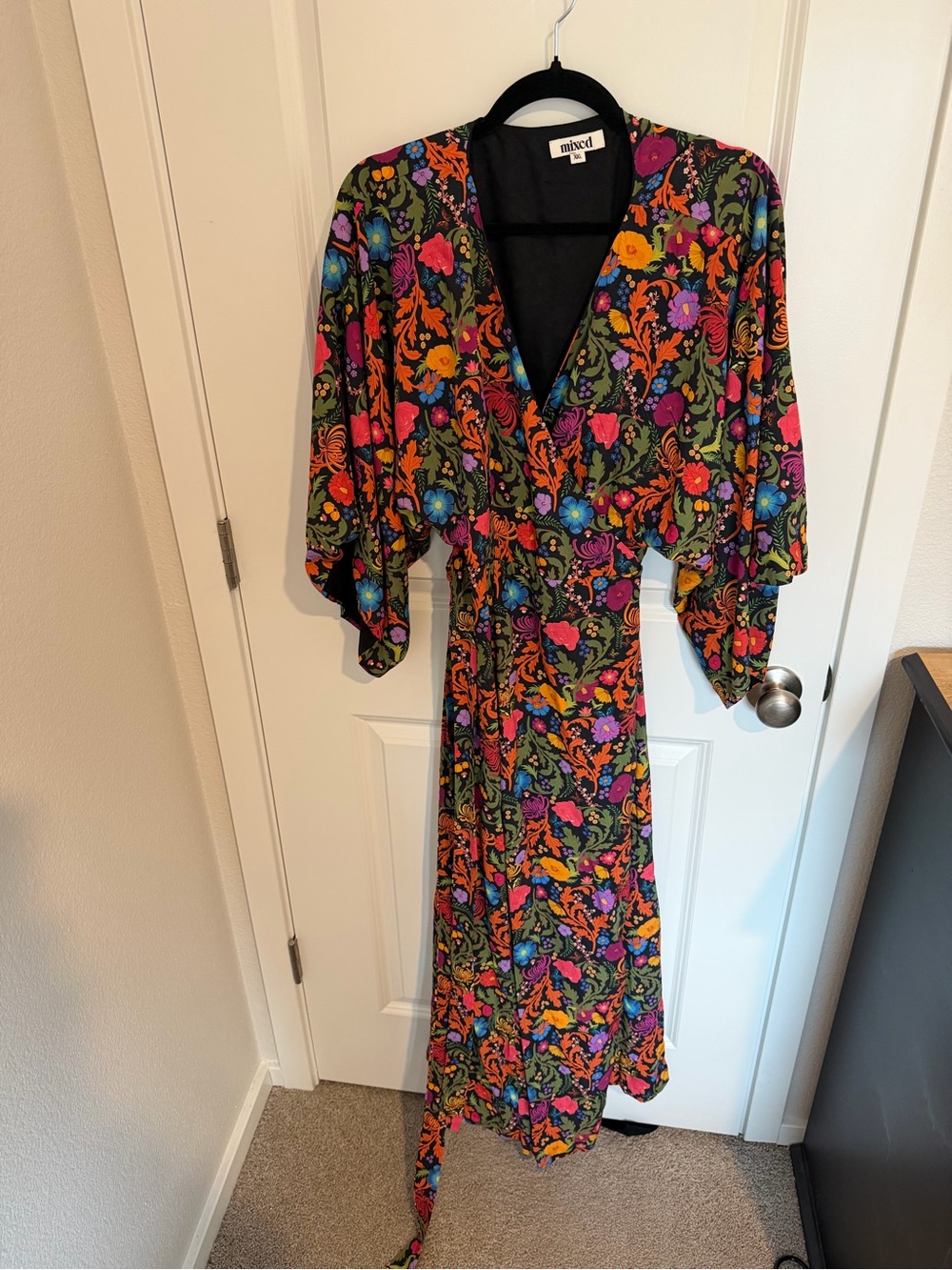 Mixed Floral Wrap Maxi Dress in Black with Bright Floral Print